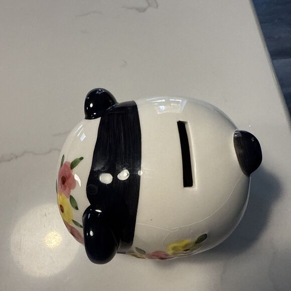 Adorable PANDA BEAR Ceramic PIGGY-BANK With Pink And Yellow Flower White/Black - Picture 3 of 8
